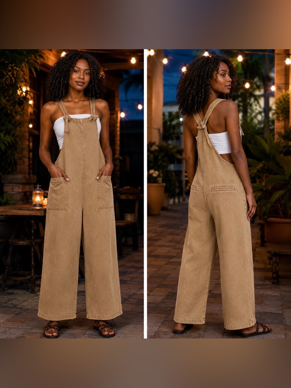 🆕 Light Camel Washed Knot Strap Wide Leg Jumpsuit Pockets Overalls S M L